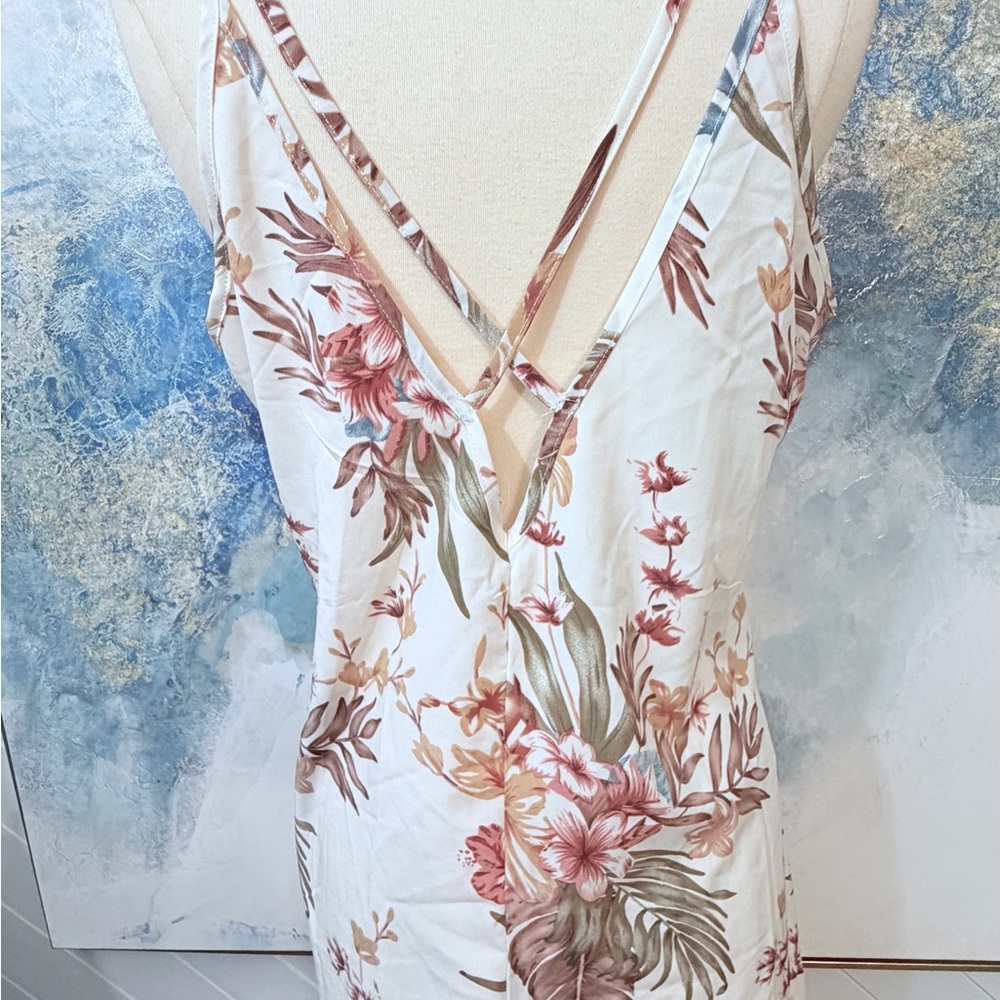 Source Unknown White Floral Midi Dress with Pink & Green Print